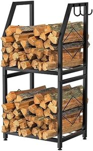 VyGrow Firewood Rack for Indoor, 2-Tier Firewood Holder with 3 Hanging Hooks, Heavy Duty Wood Rack for Outdoor Patio, Black