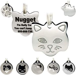 Stainless Steel Cat ID Tags - Engraved Personalized Cat Tags includes up to 4 Lines of Text with Cat Shape