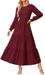 KIRUNDO Women Fall Wedding Guest Dress Long Sleeve Maxi Dress Casual Crew Neck Smocked Tiered A Line Flowy Long Dresses(Wine Red, XX-Large)