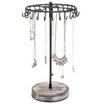 MyGift 15-inch Rotating Black Metal Scrollwork Jewelry Organizer Tower with Torched Wood Base with 24 Hooks