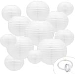 12pack White Paper Lantern,4 6 8 10 12inch Hanging Decor with Hooks and String,Round Paper Lantern for Birthday Party, Wedding Decorations