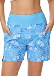 BALEAF Women's 5" Swim Shorts Quick Dry High Waisted Swimming Board Shorts Trunks Tummy Control Pattern Swim Bottom with Pockets Blue L