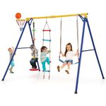 GYMAX 4 in 1 Kids Swing Set, Metal Swing A-Frame with Belt Swing, Climbing Ladder, Disc with Rope, Basketball Hoop & Ground Stakes, Outdoor Children Playground Set for 3-9 Years Old, Max Weight 300kg