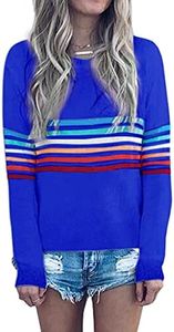 ECOWISH Women's Sweater Rainbow Colorful Striped Sweaters Long Sleeve Crew Neck Color Block Casual Pullover Blouse Tops 01 Royal Blue X-Large