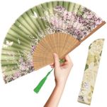 OMyTea® Women Hand Held Silk Folding Fans with Bamboo Frame - with a Fabric Sleeve for Protection for Gifts - Sakura Cherry Blossom Pattern (WZS-6)