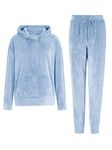 REORIA Womens Long Sleeve Hoodie Jogger Crewneck Two Piece Outfit Tracksuit Solid Color Sweatshirt and Sweatpants Set Light Blue M