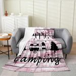 Feelyou Camper Plush Throw Blanket, Happy Camping All Season Bed Blanket, Rustic Wooden Pink Flannel Fleece Blanket, Gift for Women Mom Wife, Twin 60"x80"