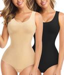 Nebility Womens' Waist Trainer Seamless Round Neck Tummy Control Shapewear Bodysuit (Black/Beige 2pk, M/L)