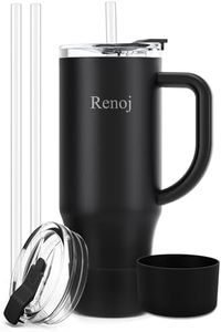 Renoj Tumbler with Handle 100% Leak Proof Insulated Water Bottle for Iced Coffee & Hot Drinks - Fits Car Cup Holder, Ideal Gift, 2 Straws & Silicone Boot - SnapShift Black 40 oz