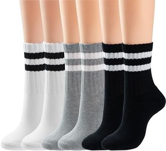 BomKinta Womens Striped Crew Socks - Retro Above Ankle Cotton Sock - Casual Cozy Athletic Style Socks Gifts for Women Size 5-10 6 Pairs 2 Black 2 White 2 Grey