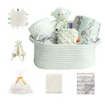 CREVENT Baby Welcome Gift Set Storage Basket with Two Blankets+ A Security Blanket + A Taggie + A Gift Bag with Ribbon (Ivory)
