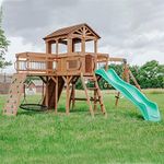 Backyard Discovery Sterling Point All Cedar Wooden Swing Set, Raised Clubhouse, Wave Slide, Web Swing, Climbing Wall, 10ft Wave Slide, 2 Belt Swings, Front Porch, Bridge