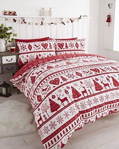 Noel Quilt Duvet Cover 2 Pillowcase Bedding Bed Set Christmas Trees, Red, Super-King