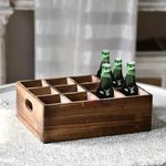 Hamdan Farmhouse Wooden Storage Crate for Decoration, Rustic Beer Holder Box, Wood Crate Box for Crafts, Beverage Serving Caddy with Carrying Handles-Brown