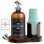 Amber Glass Mouthwash Dispenser with Cup Holder for Bathroom, 16oz Refillable Mouthwash Bottles Container with Tray, Funnel and 2 Waterproof Labels