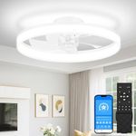VOLISUN Low Profile Ceiling Fans with Lights and Remote, 20in Flush Mount Ceiling Fans with Light, Dimmable Fandelier LED Fan Lights, Bladeless Ceiling Fan with Light for Bedroom(White)