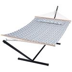 SUNCREAT 2 Person Double Hammock with 12 Foot Steel Stand, Includes Quilted Fabric Bed and Pillow, Grey