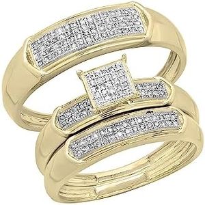 Dazzlingrock Collection 0.30 Cttw Round White Diamond Micro Pave Square Framed Trio Ring Set for Him & Her in 18K Yellow Gold Plated Sterling Silver, Women size 7 and Men size 11
