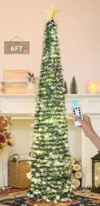 HMASYO 6 FT Pop Up Tinsel Christmas Tree with 100 LED Lights & Remote, Collapsible Artificial Pencil Tree with Snowflake Ornaments Xmas Decoration for Home, Office, Party, USB Powered Timer Lights