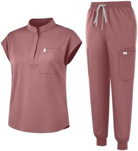 Eadflie Scrubs for Women Set - Stretch Medical Uniform Scrubs - Slim Fit Top & Cargo Pant Scrubs Set with 11 Pockets for Nurse Esthetician Workwear - (Nude Pink/L)