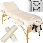 TecTake® Portable Massage Table with 3 Zones, Foldable and Adjustable Table, Thick Padding, Soft Imitation Leather, Sturdy Wooden Frame, Includes Storage Bag and Bolster Set, Beauty & Therapy - beige