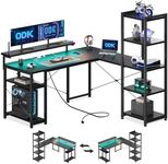 ODK L Shaped Desk with LED Lights & Power Outlets, Reversible Computer Desk with Shelves, Reversible Home Office Desk, Black, 140×137 cm