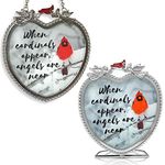 Memorial Cardinal Suncatcher Candle Holder Gift Set - When Cardinals Appear Angels are Near Saying - Heart Shaped Glass Sun Catcher and Tealight Holder with Cardinals and Winter Scene