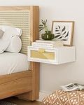 Aobafuir Floating Nightstand Shelf with Drawer, Small Modern Wall Mounted Nightstand, Shelves for Bedroom, White Rattan