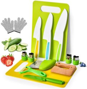 HAEVERAY 14 Pieces Wooden Kids Kitchen Knife,Toddlers-Kids Cooking Sets Real-Toddler Safe Knives Set for Real Cooking with Plastic Toddler Safe Knives Crinkle Cutter Kids Cutting Board (14)