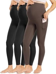 Enerful Womens Maternity Leggings with Pockets Workout Legging Pants Buttery Soft Pregnancy Active Wear Yoga Tights - 3pack Black/Black/Coffee - Small