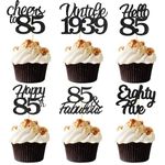 Sotpot 85th Birthday Cupcake Toppers, 24 Pcs Black Glitter Fabulous/Cheers/Hello 85 Cupcake Picks Birthday Party Cupcake Decorations (6 Styles)