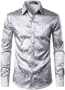 ZEROYAA Men's Luxury Jacquard Long Sleeve Dress Shirt Shiny Satin Slik Like Wedding Party Prom Shirts, Silver, Small