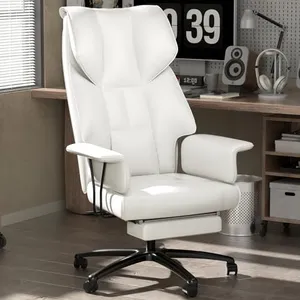 BlissInno Big and Tall Office Desk Chair 400lbs, PU Leather Executive Office Chair with Foot Rest and Arms, Comfortable High Back Computer Gaming Chairs, Reclining Comfy Work Chair (White)