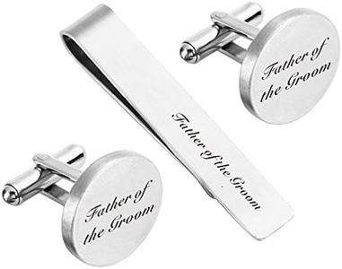 ZUNON Father of The Groom Cufflink Engraved Text Father Dad Personalized Wedding Custom Tie Clip Tack (Father of The Groom Cufflinks and tie Clip)