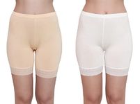 GLAMORAS Cotton Spandex High Waist Under Skirt Shorts with Lace for Women & Girls | Under Dress Shorts Stretchable Skin Fit Tights Cycling Shorts Biker Bicycle Shorts Size-2XL, Beige & White