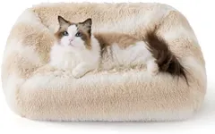 Lesure Dog Bed for Small Dogs - Cute Furry Calming Cat Sofa, Rectangle Washable Indoor Cat Couch Beds Large with Fashion Design, 26x21x9inches, Beige Stripe