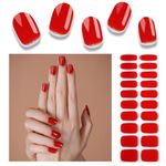 Foyute Semi Cured Gel Nail Strips, 20 Pcs Soft Self-Adhesive Gel Nail Polish Wraps Sticker for Salon-Quality Manicure Set,Long Lasting,Easy to Apply & Remove, Nail File & Wooden Stick (Red C)