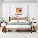 HOJINLINERO King Size Bed Frame with Storage Headboard Charging Station,Platform Bed Frame King Size with 4 Drawers No Box Spring Needed,Heavy Duty Metal Slats Noise Free,King Bed Frame,Black