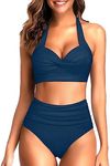 Tempt Me Women Two Piece Vintage Swimsuit Retro Halter Ruched High Waist Bikini with Bottom, Deep Blue, XX-Large