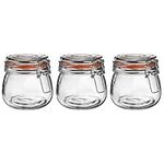 Argon Tableware 3x 500ml (0.5 Litre) Clear Glass Storage Jars with Orange Airtight Silicone Seal and Metal Clip Lid - 17.6oz Empty Kitchen Food Containers