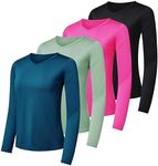 4-Pack: Womens Plus Size Dry-Fit Long Sleeve V-Neck Shirt Tops T-Shirt Fashion Workout Gym Tees Athletic Active Adult Ladies Tshirt Clothing Fall Casual Outfit Running Exercise UPF Just My - Set 2, 3X