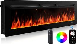 Silonn 50″/127cm Electric Fireplace, 900W - 1800W Heat Output, Ultra-Slim Wall-Mounted or Recessed Electric Fireplace Inserts with App & Remote Control, Timer, 20 Flame Colors（Black)