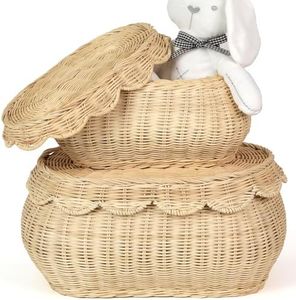 2pcs Hand Woven Rattan Scallopped Baskets with Lid, Small Rattan Basket, Decorative Wicker Storage Baskets, Storage Basket for Living Room, Bathroom, Bedroom, Food, Bread, Picnic