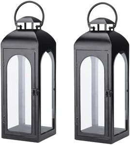 2 Pack Large Luxury Lantern Decorative Tall 20 Inches Black Metal Hurricane Lanterns with Clear Glass Panels for Front Porch,Tabletop, Mantle, Wall Hanging, or Garden Display, Indoor & Outdoor Use