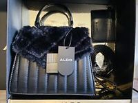 Brand New Aldo Black Purse Handbag Faux Fur Vegan Leather Crossbody Gift Set