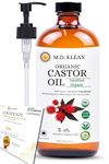 M.D. KLEAN ORGANIC CASTOR OIL 100% Cold Pressed (500ml) Amber Glass Bottle - Hexane Free | Lab Tested | BPA Free Pump Inc | Unrefined, Certified Organic | Moisturizing and Conditioning Oil