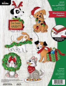 Bucilla, Mischievous Puppies, Felt Applique 6 Piece Ornament Making Kit, Perfect for Holiday DIY Arts and Crafts, 89642E