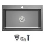 ROVATE 28 inch Drop-in Black Kitchen Sink Single Bowl, Top-Mount Kitchen Sink Handmade, 304 Stainless Steel Overmount Kitchen Sink with Basket Strainer, 28 x 18 x 9 inch