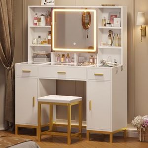 VIAGDO Vanity Desk with Openable Mirror and Lights, Glass Tabletop Makeup Vanity Set with Charging Station, White Vanity Table with 3 Drawers & 2 Cabinets, DIY Drawer Dividers, Hidden Hooks