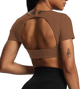 Aoxjox Short Sleeve Crop Tops for Women Clarissa Hollow Back Workout Crop T Shirt Top, Dandelion Brown, Medium